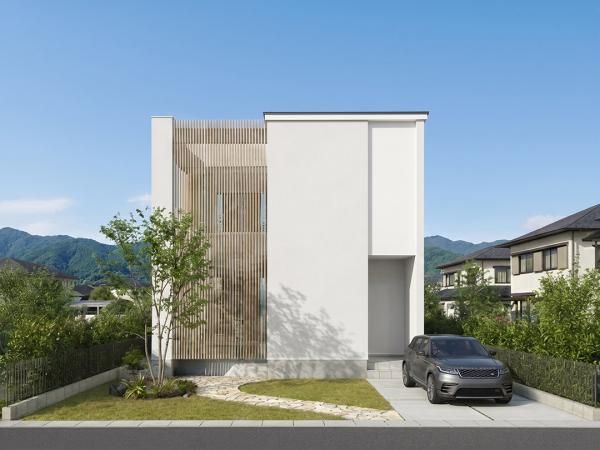 プライベートガーデンのある吹抜けリビングの家 画像