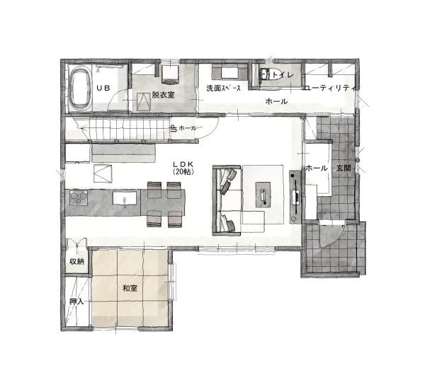 グレーで統一した上質な空間と、家事ラクを叶える住まい_1階の画像