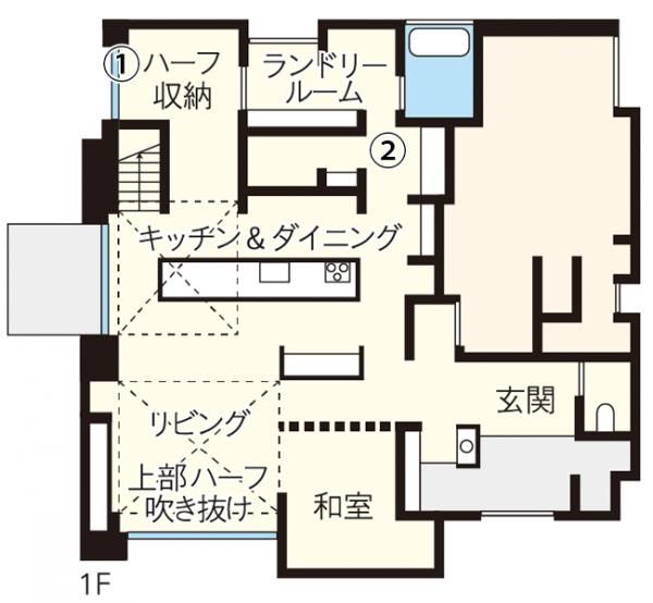 吹き抜けがつなぐ、家族の時間と多彩な居場所_1Fの画像