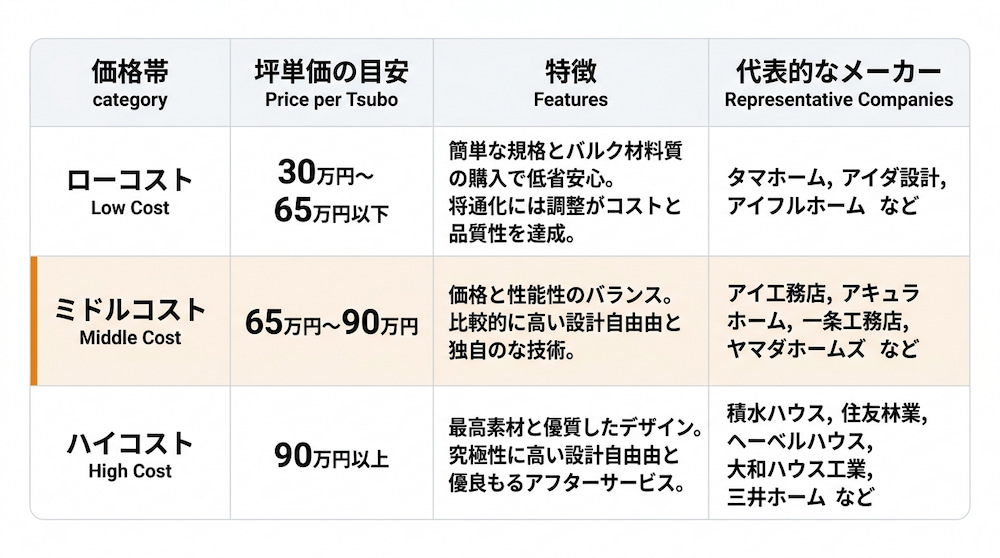 【価格帯別】人気のハウスメーカ-の坪単価比較グラフ