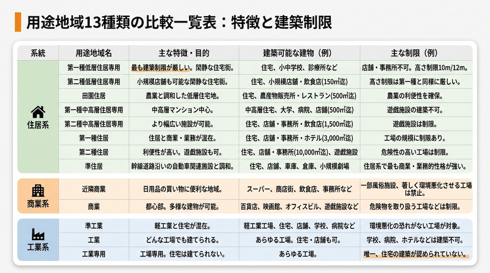 【一覧比較】用途地域13種類で建てられる建物と制限の違い