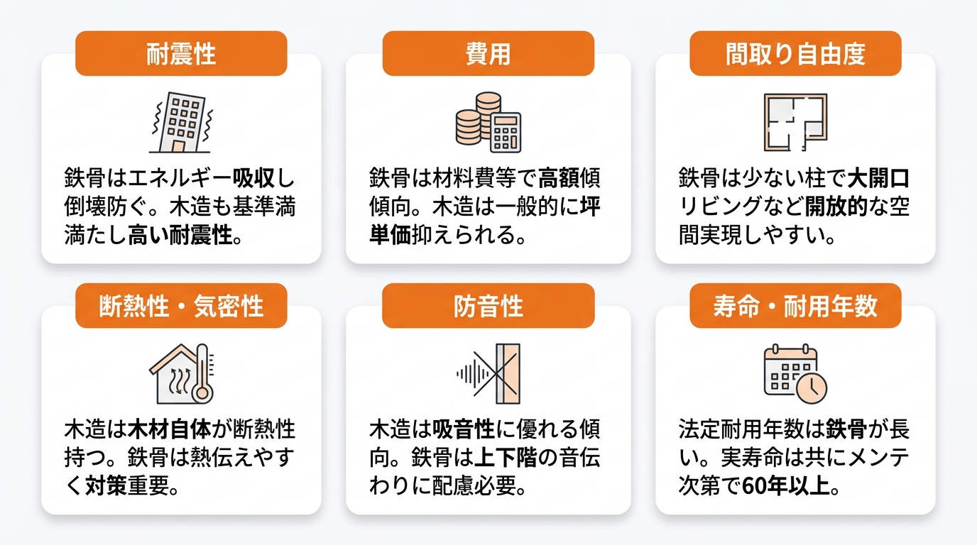 【項目別】鉄骨住宅と木造住宅の性能・費用・寿命の違い一覧